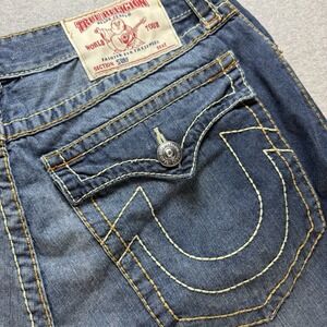 True Religion Jean Shorts Mens 40 Blue Big T Ricky Thick Stitch Denim